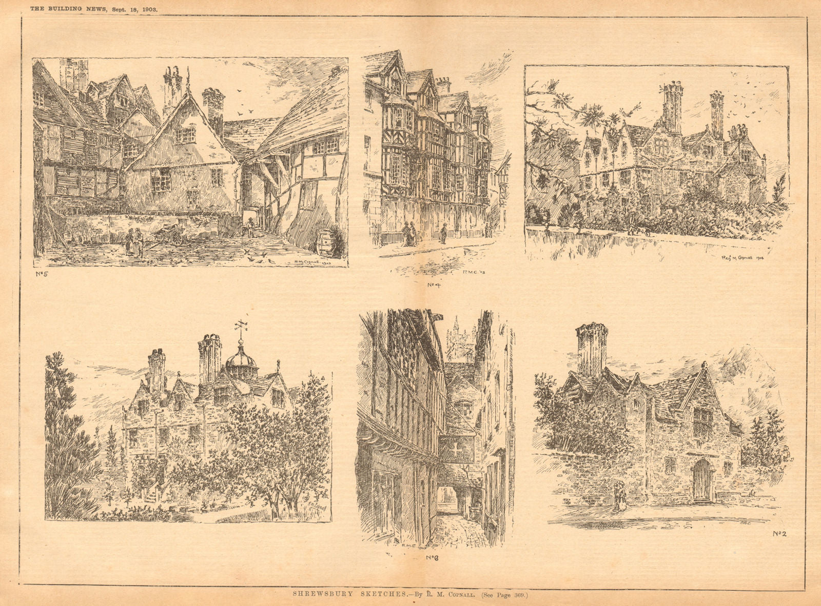 Shrewsbury Sketches - by R. M. Copnall. Shropshire 1903 old antique print